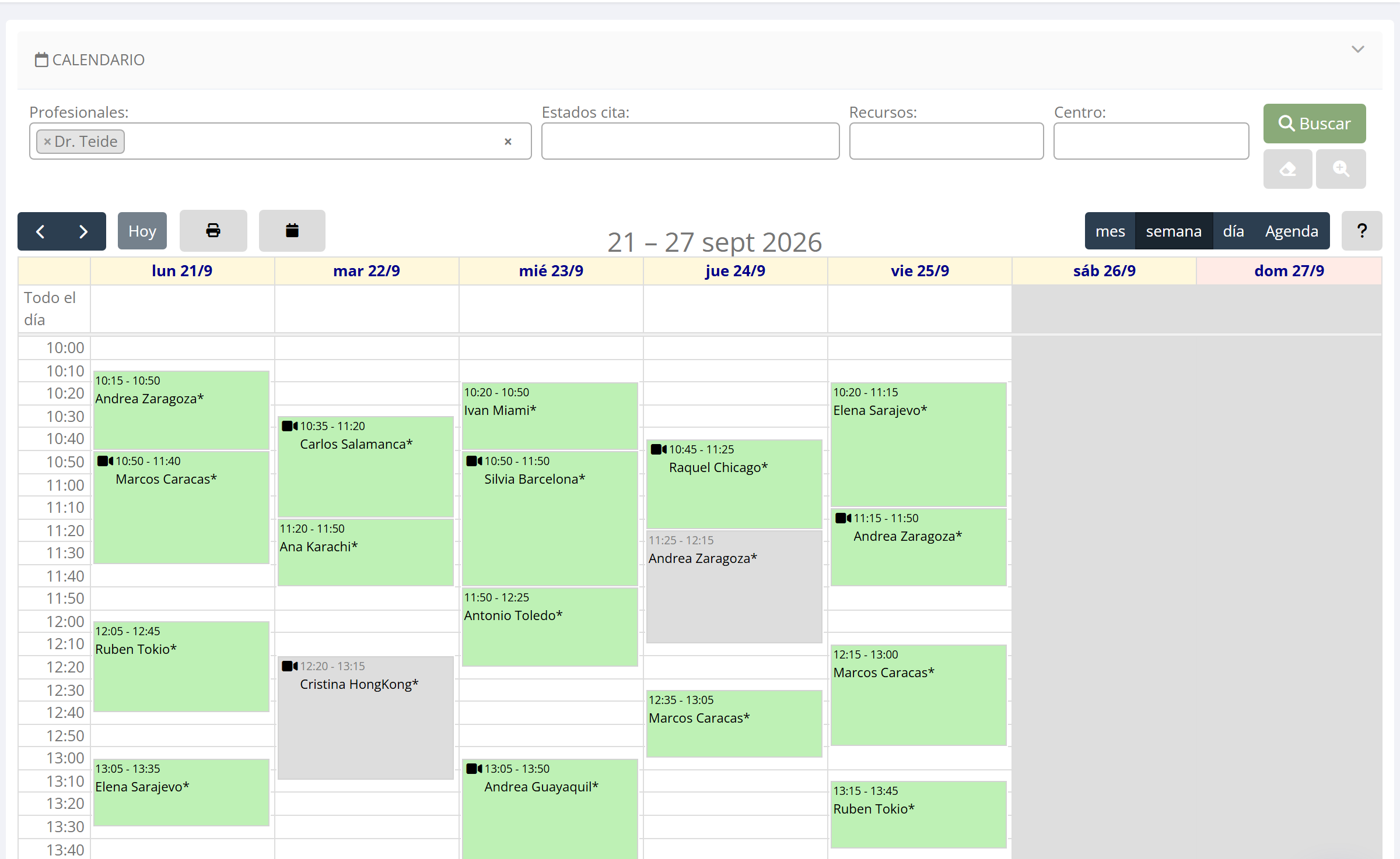 Agenda semanal de Nubidoc con las citas de varios profesionales, sesiones de grupo y estados de cada cita