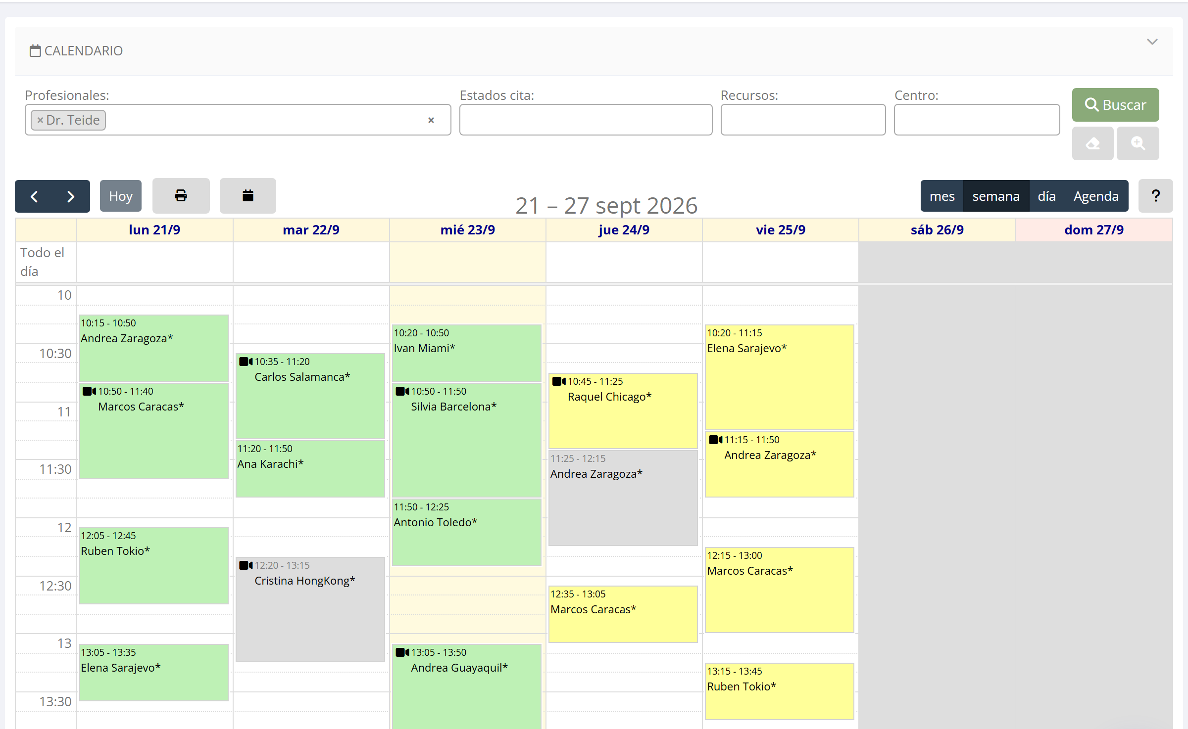 Agenda semanal de Nubidoc con las citas de varios profesionales, sesiones de grupo y estados de cada cita