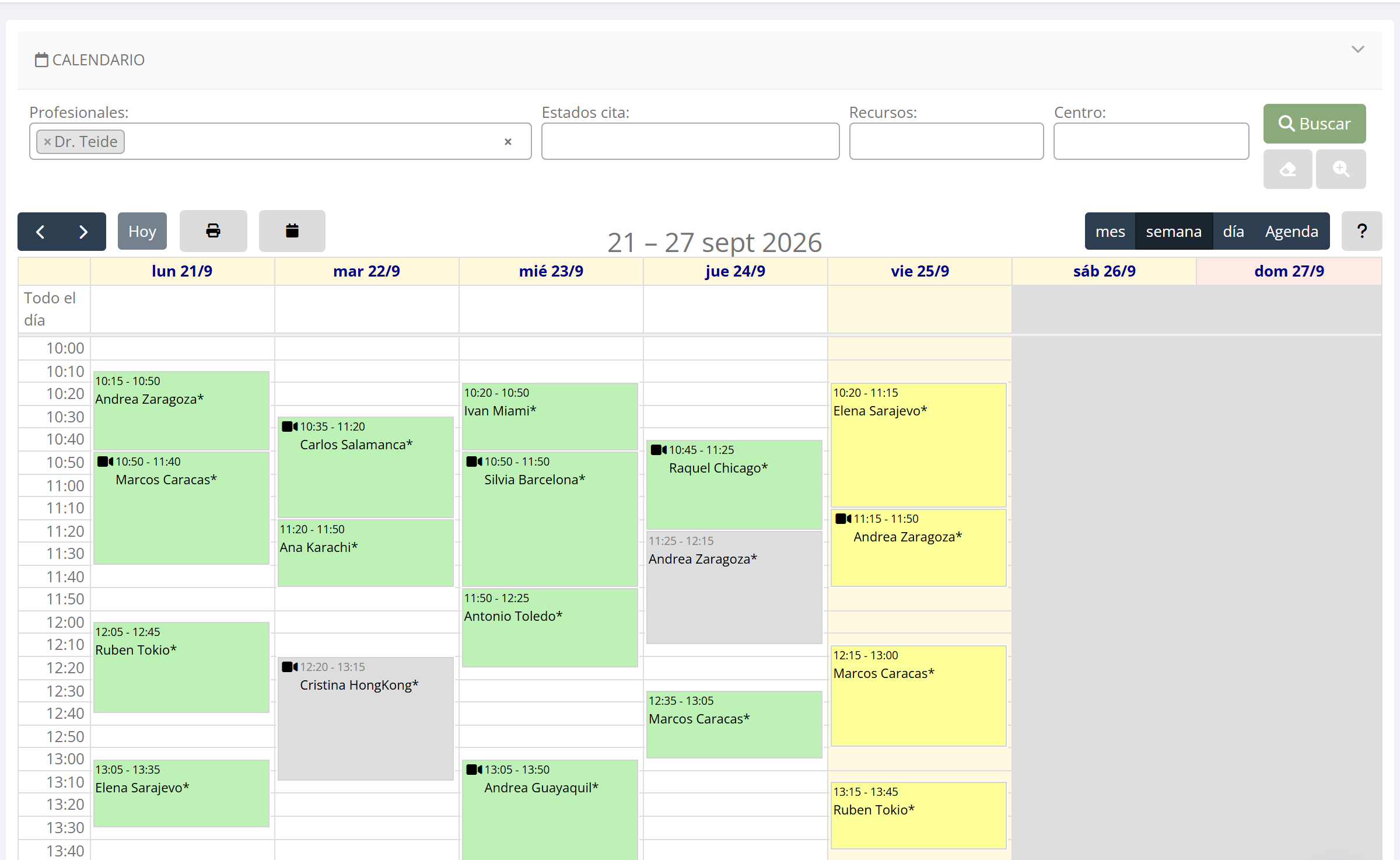 Agenda semanal de Nubidoc con las citas de varios profesionales, sesiones de grupo y estados de cada cita