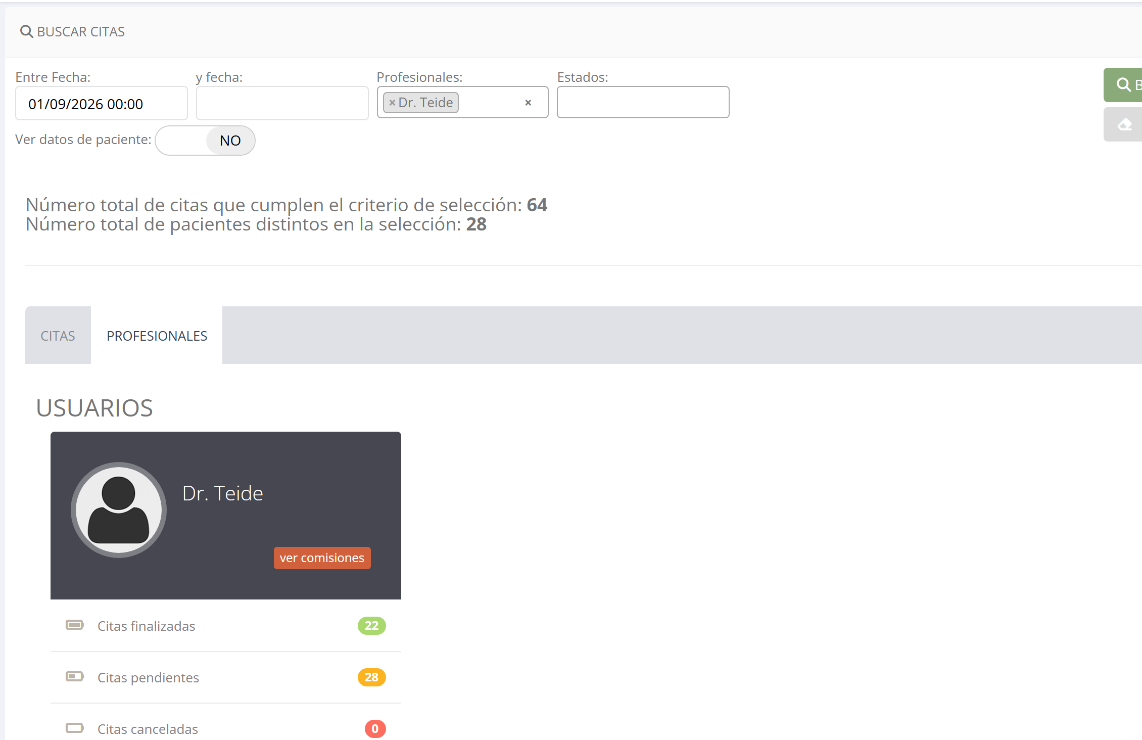 Informe por profesional en Nubidoc: citas finalizadas, pendientes y canceladas de cada usuario, con acceso a sus comisiones