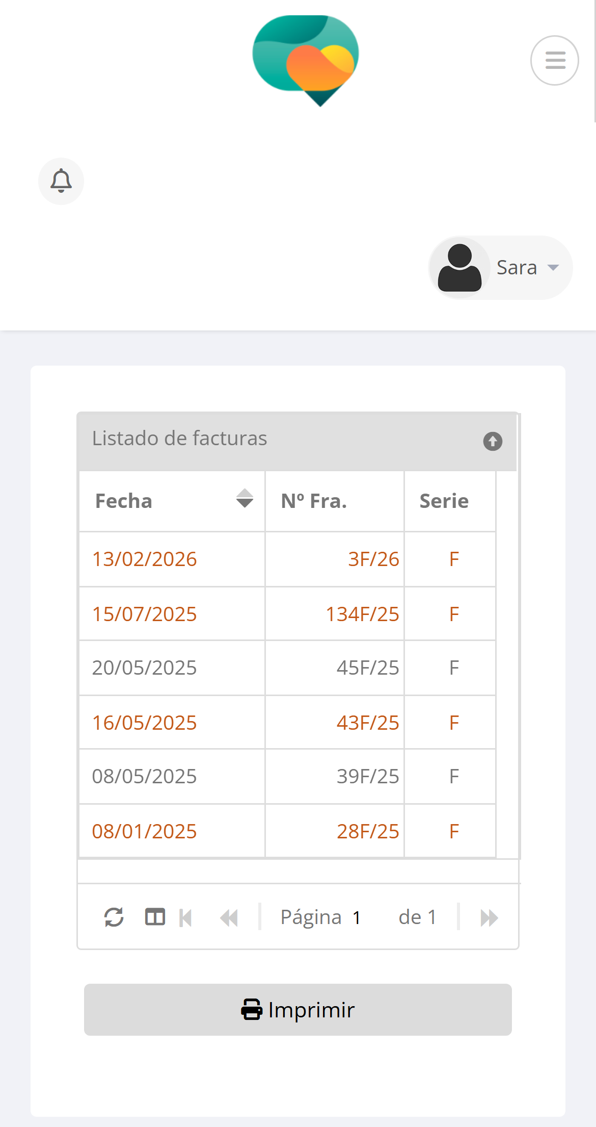 Portal real de Nubidoc en un móvil, con las facturas y el botón para imprimirlas