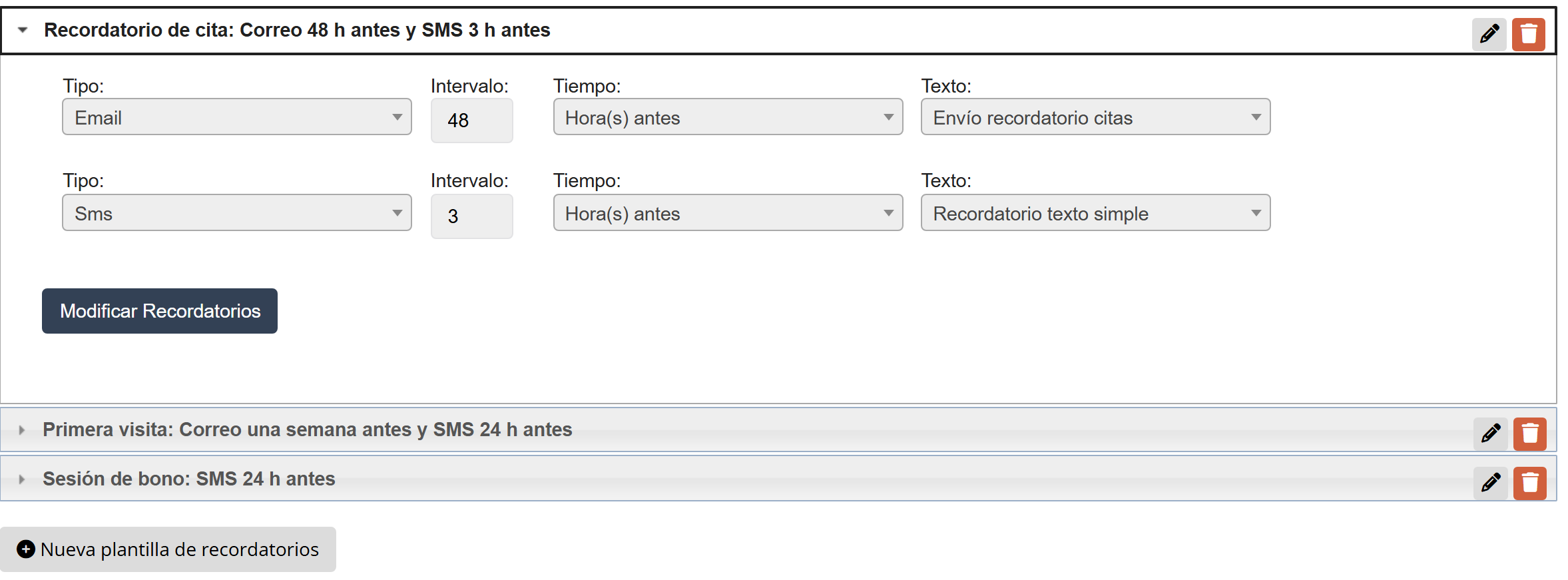 Pautas de recordatorio en Nubidoc: una por tipo de cita, con el canal y las horas de antelación de cada aviso